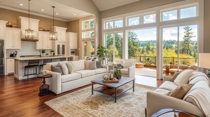 A modern open-concept living room with stylish decor accents. digital