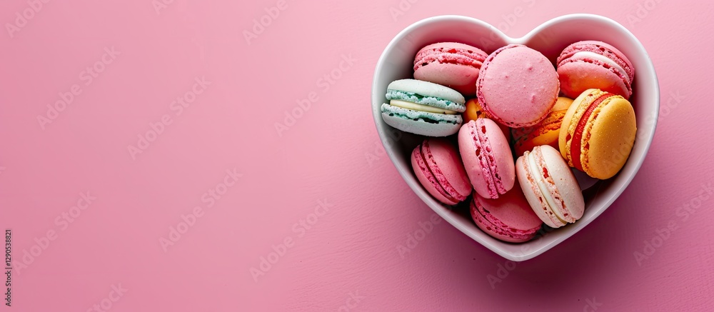 Poster colorful macaroons in white heart-shaped bowl centered on soft pink background with ample empty spac
