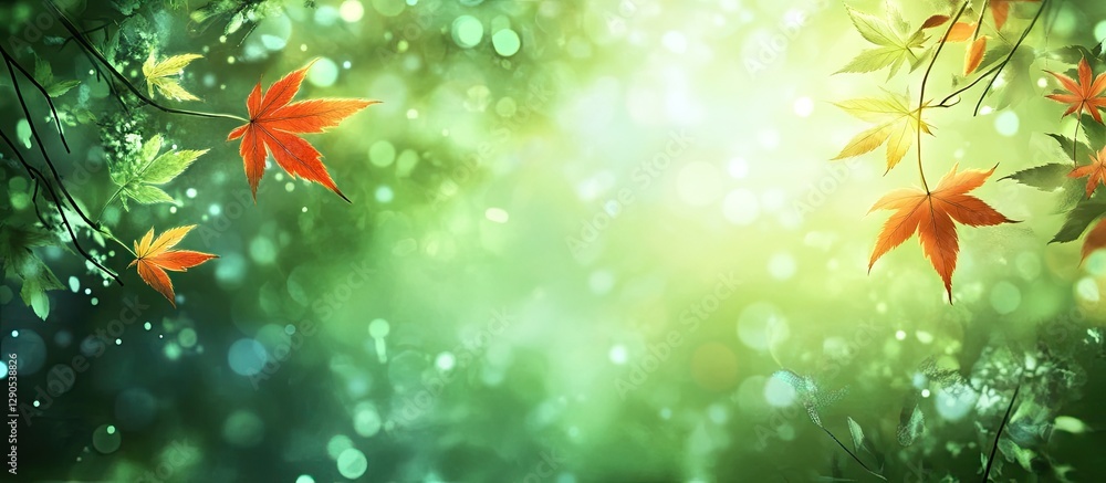 Poster vibrant red and yellow maple leaves contrast against a soft green bokeh backdrop, enhancing the colo