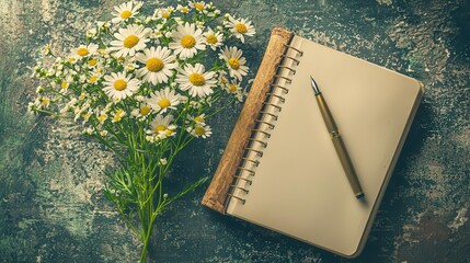 Blank Notebook with Daisies and Fountain Pen on Rustic Surface
