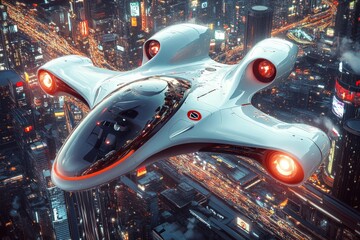 Futuristic flying vehicle soaring over a vibrant city skyline at night
