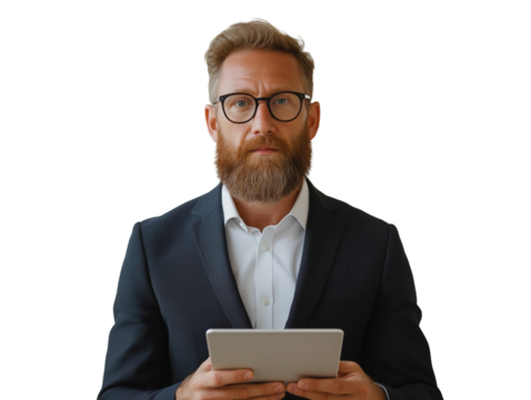 A businessman looking at a tablet.