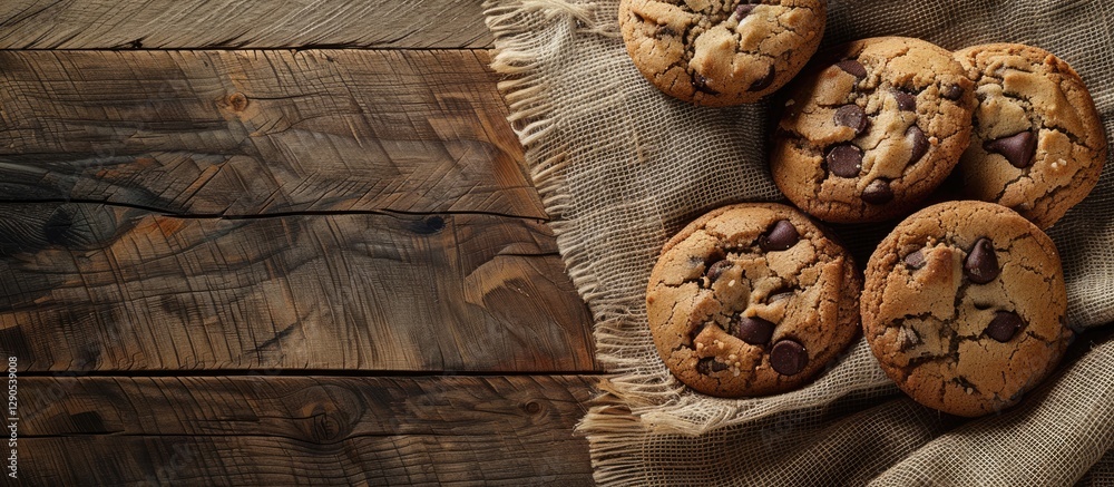 Poster rustic chocolate chip cookies arranged on textured jute against a dark wooden background with ample 