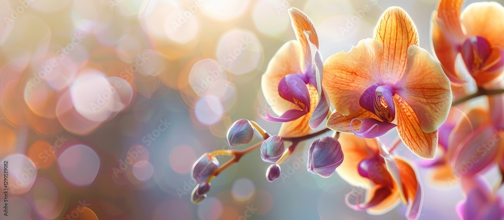 Aufkleber blooming orange orchid with purple accents and buds in sharp focus against a soft blurred backdrop c