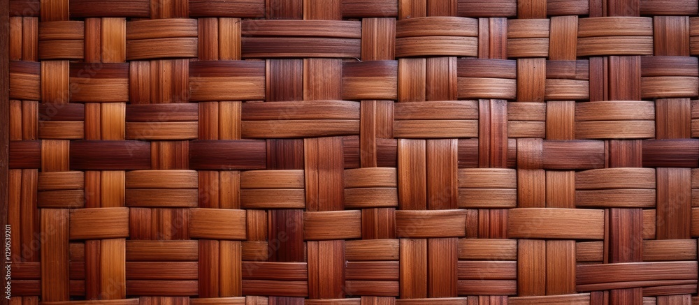 Poster close up of dark brown woven bamboo texture featuring intricate interweaving patterns with warm brow