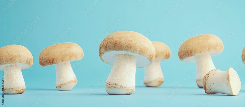 Poster fresh white mushrooms arranged on a light blue background with varying sizes and positions creating 
