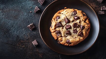 Delicious Chocolate Chip Cookie on Dark Plate