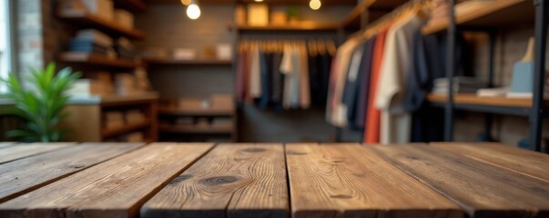 Rustic wood tabletop, blurred clothing store backdrop, winter, wooden table