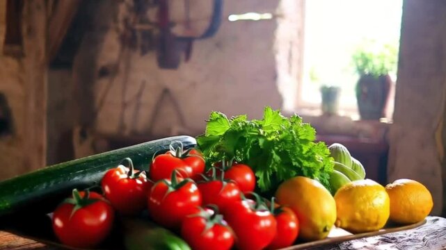 Organic fruits and vegetables arranged on a rustic table