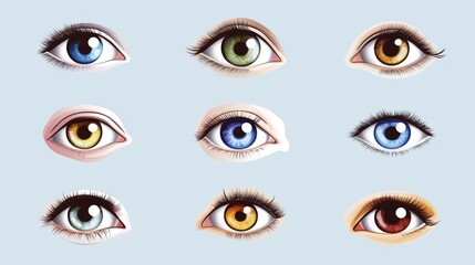 Nine colorful cartoon eyes in various styles on light background