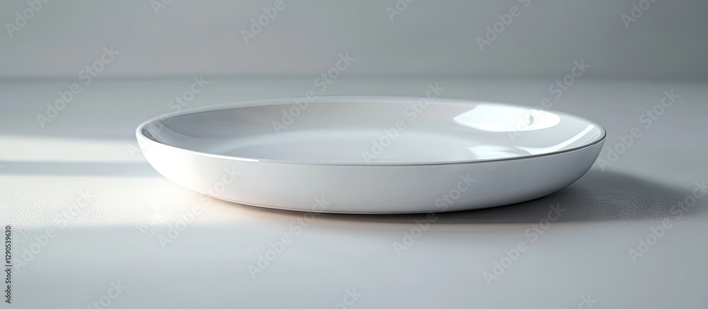 Aufkleber minimalist white ceramic plate positioned at an angle on a light gray surface with soft shadows crea