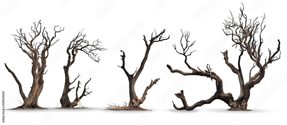 Aufkleber isolated collection of four dead dry trees with intricate branches in varying heights and positions 