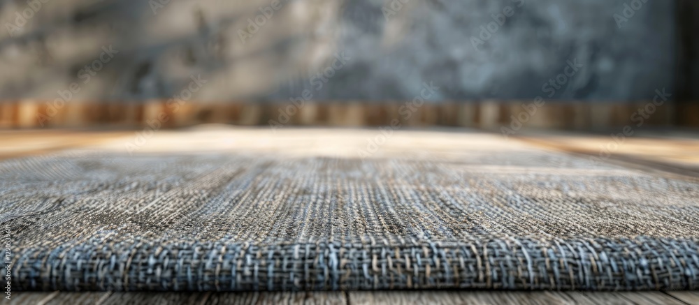 Poster textured gray carpet positioned diagonally on warm wooden floor with soft focus background featuring