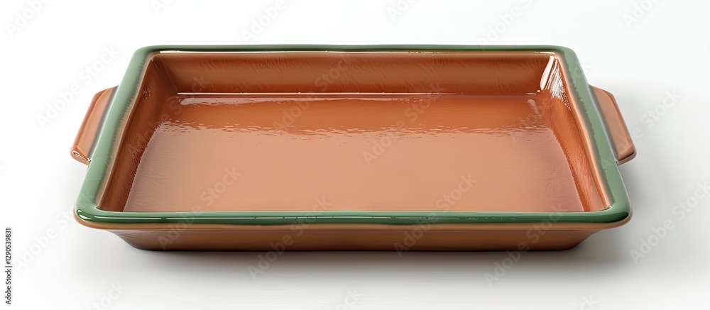 Poster empty brown ceramic tray with green border placed flat on a white background, showcasing its square 