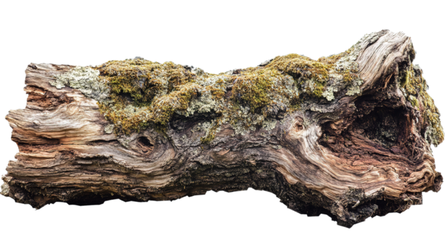 A large, weathered log with rough bark and deep grooves, isolated on a transparent background. The log is covered in moss and lichen, showing signs of age and nature's texture.