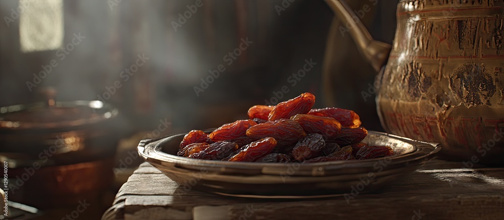 Poster rustic still life of dried dates on a silver plate with warm earthy tones and soft sunlight filterin