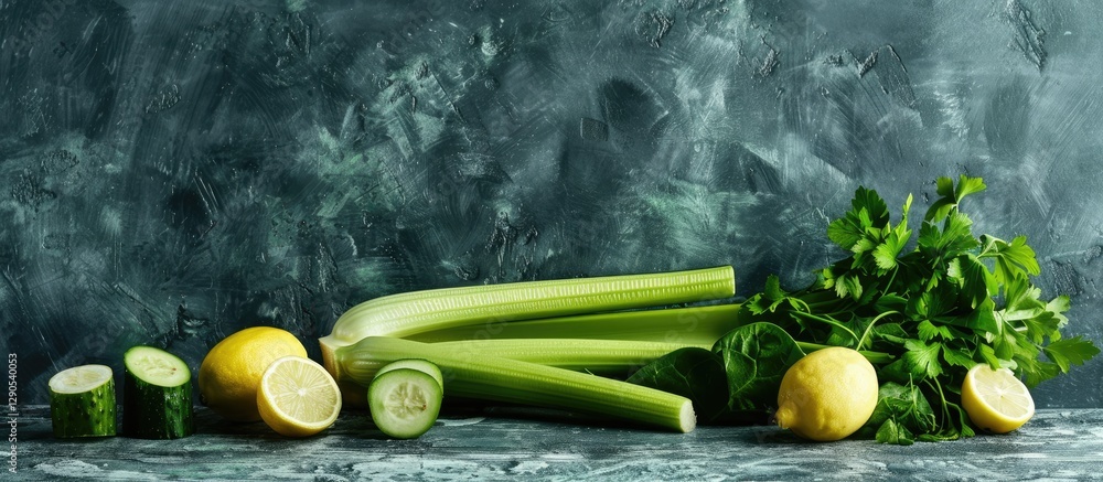 Poster nutrient-rich green smoothie with banana celery spinach and lemon on textured gray surface; fresh in