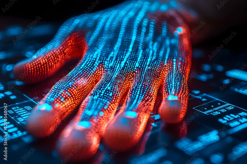 Poster digital interface, hand interacting with futuristic technology system