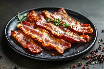 Fried bacon strips piled on top of each other, warm lighting and detailed textures highlighting crunch and juiciness, great for culinary themes, comic book style
