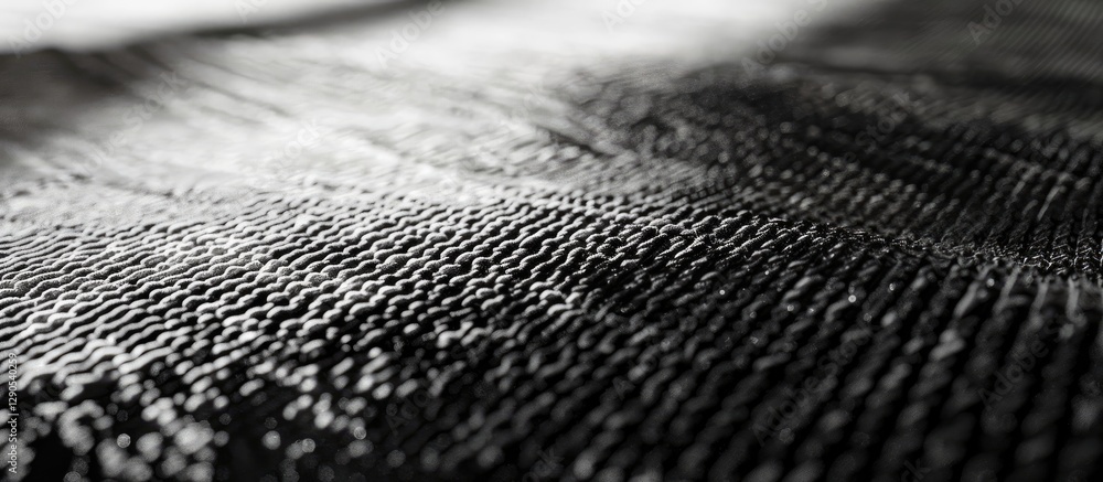 Poster close up perspective of textured black and white abstract rug with soft shadows and blurred backgrou