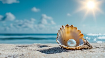 Pearl is sitting in the center of a shell on a beach. The shell is open, and the pearl is shining in the sunlight. The scene is peaceful and serene, with the ocean in the background