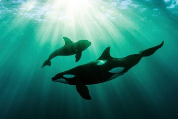 Obraz premium Orca with calf swims, sun rays shining through the water, wildlife conservation use