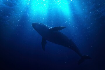 Whale swimming underwater, sun rays in background, deep blue, for documentary