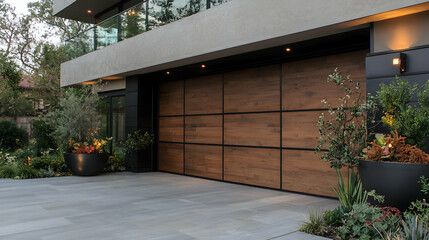 Modern home garage door, evening light, landscaping
