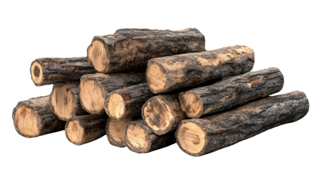 A pile of smaller logs stacked neatly, with different lengths and textured bark, isolated on a transparent background. Some of the logs are freshly chopped,