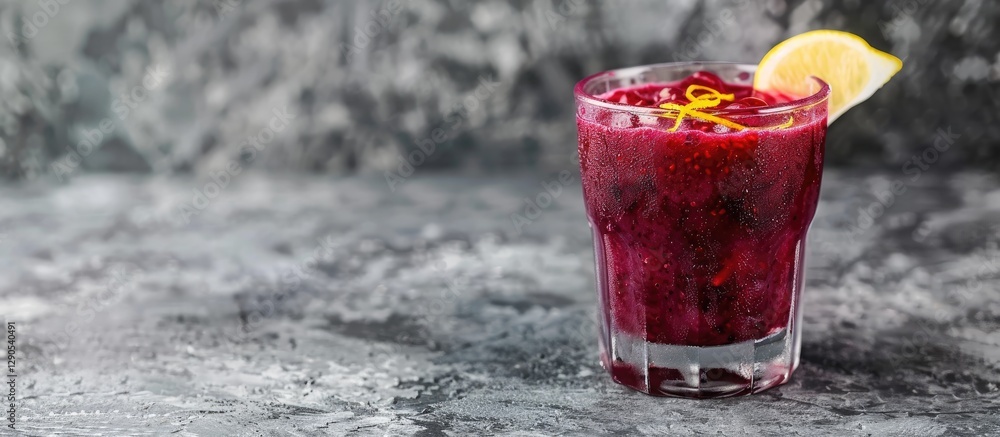 Poster refreshing acai juice in a clear glass with lemon zest on edge vibrant purple drink on a textured gr