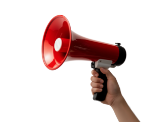 a hand holding a red megaphone.