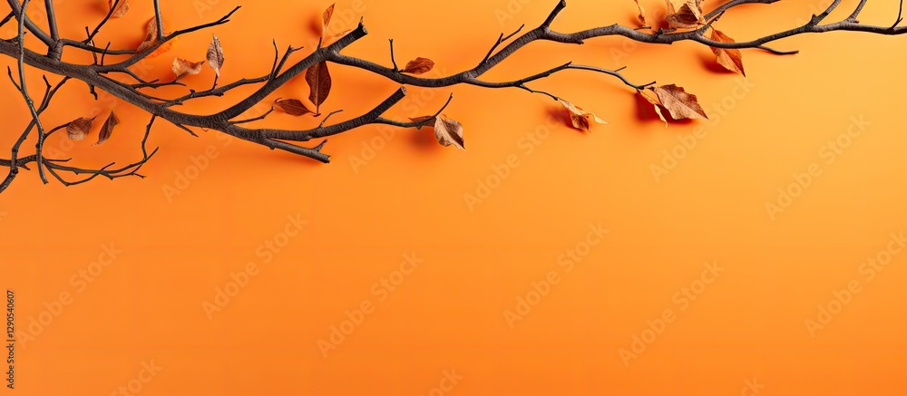 Aufkleber dry twigs and leaves arranged elegantly in upper left corner against vibrant orange backdrop creatin