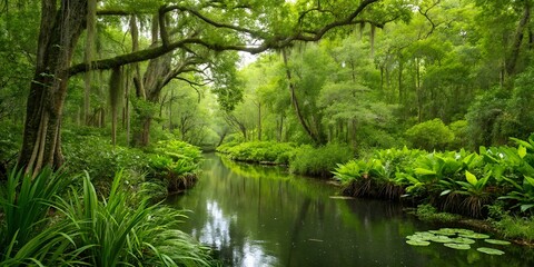 Lush swamp bursting with vibrant greenery, peaceful streams, and a the