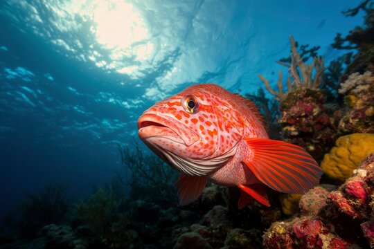 Red fish swims in the ocean near colorful coral reefs. Marine life photo