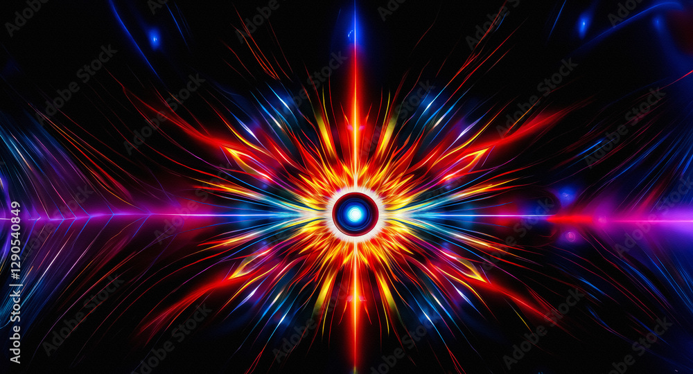 Poster abstract vibrant light burst with radiating colorful lines from a central point on a dark background