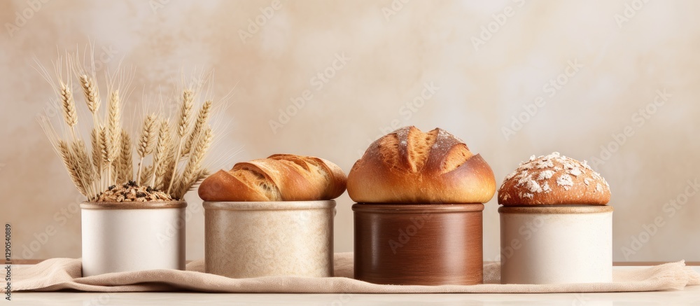 Poster assortment of three bakery bread types in decorative canisters against a soft beige background with 