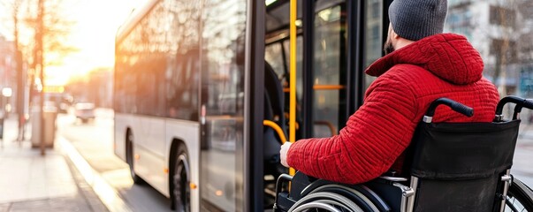Man in a wheelchair boarding an accessible public transport bus, promoting mobility and urban inclusivity