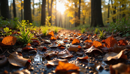 A forest floor with wet leaves and patches of melting snow illuminated by the warm spring sun.