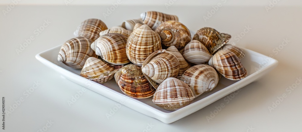 Poster close up of patterned sea snails arranged on a square white plate centered on a smooth white backgro