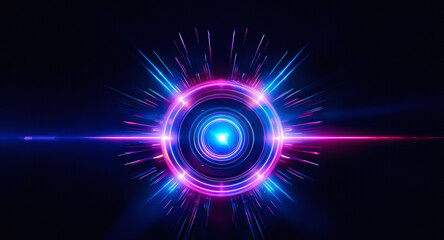 Fototapeta premium Vibrant circular light form bursts with blue and pink hues, radiating outward against a dark backdrop. Energetic visual with lens flare and optical effects.