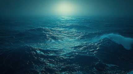 Vast stormy ocean at night, moonlit waves, distant horizon