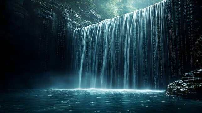 Enigmatic Waterfall with Digital Code Cascading Down Rocks Nature Technology