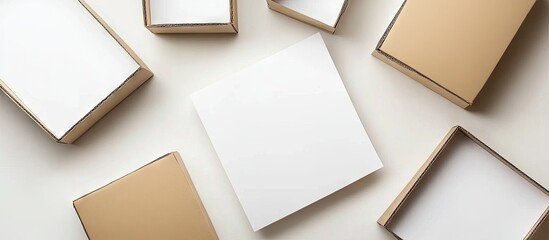 Cardboard boxes in varying sizes surround a large blank sheet, showcasing ample empty space with a neutral background in soft tones.