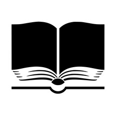 Open book illustration with black pages, isolated against white background, in a minimalist style. The book has a stylized design and shows opened pages.
