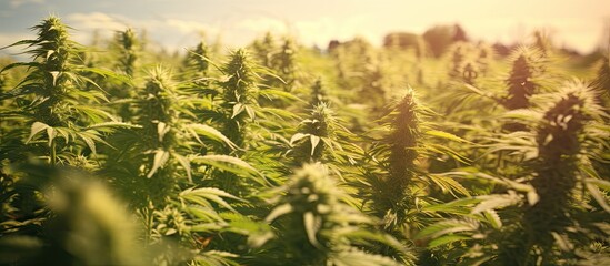 Lush green cannabis plants with prominent leaves in the foreground against a soft-focus cereal field and warm sunlight in the background.