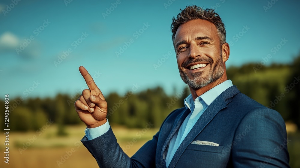 Poster man in a suit is pointing to the sky with his finger. he is smiling and he is happy