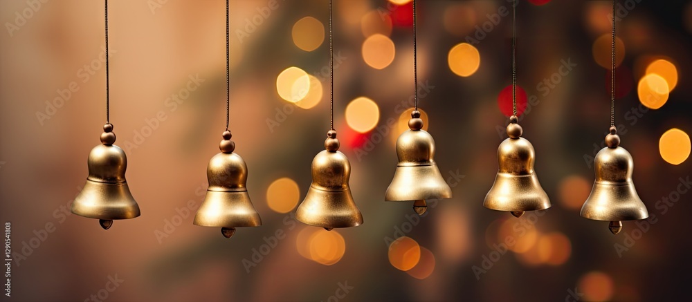 Poster gold jingle bells hanging in a row with soft bokeh lights in warm tones creating a festive atmospher