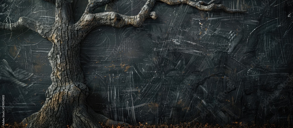 Poster textured dark background featuring an intricately detailed tree trunk on the left side, enhancing th