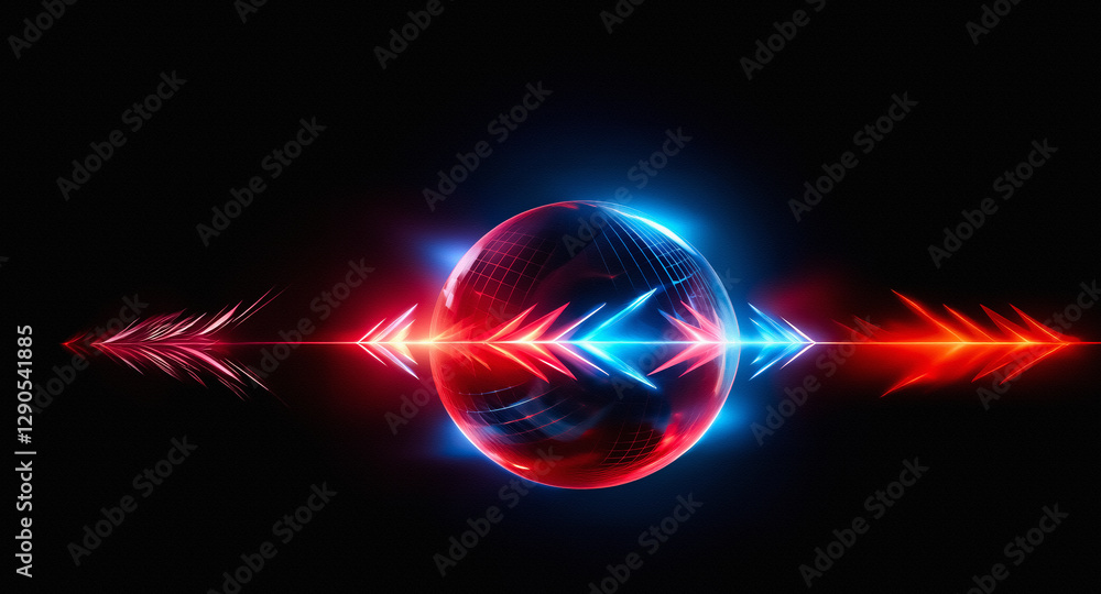 Poster vibrant sphere emits red and blue light, flanked by directional arrow trails on a dark backdrop. dyn