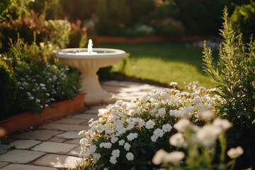 Tranquil garden scene with fountain, flowers, path; landscaping use